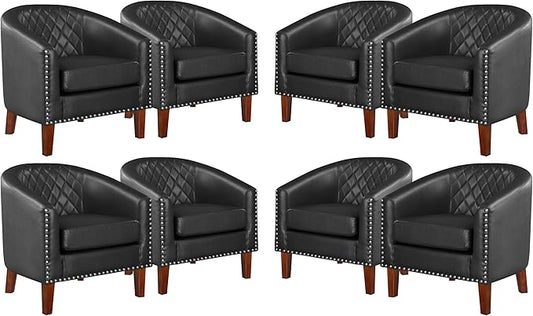 Prilinex Comfy Barrel Accent Chair Set of 8 - Faux Leather Living Room Chair Club Chair with Cushion, Diamond Grid Backrest & Nailhead Trim, Guest Chair for Office, Bedroom & Waiting Room, Black