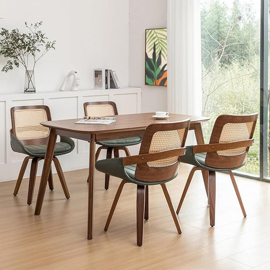 Set of 4 Green Rattan Dining Chairs - Mid Century Modern Dining Chairs with Walnut Bentwood Frame, Ergonomic Rattan Back, Curved Arms, Versatile for Living Room/Conference/Kitchen (Walnut Green)