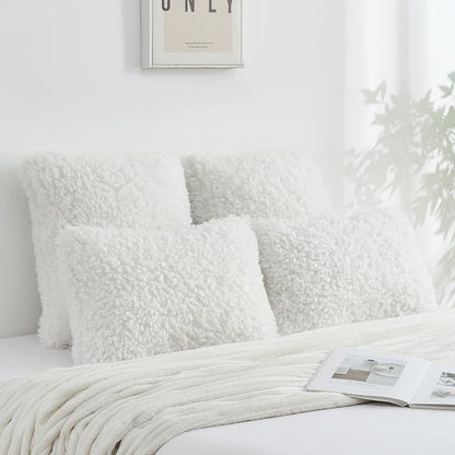 FUTEI Cream White Decorative Throw Pillow Covers 18x18 Inch Set of 2,Soft Fluffy Faux Wool Fur Boucle Textured Cushion Case,Modern Home Decor for Couch Bed Living Room Office