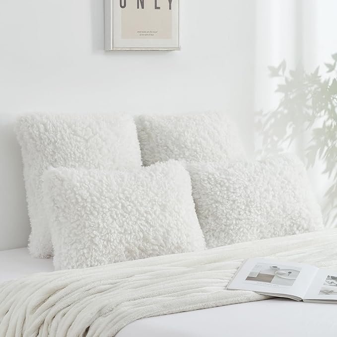 FUTEI Cream White Decorative Throw Pillow Covers 20x20 Inch Set of 2,Soft Fluffy Faux Wool Fur Boucle Textured Cushion Case,Modern Home Decor for Couch Bed Living Room Office