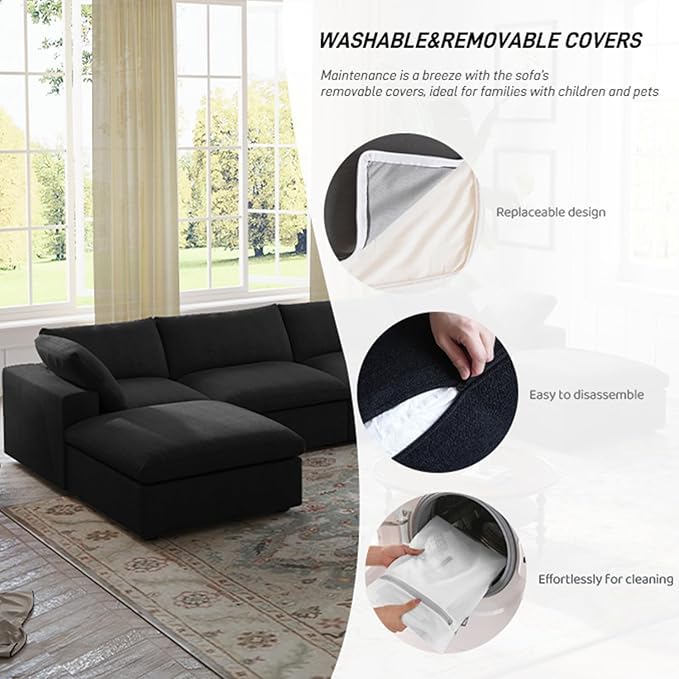 160.6" Cloud Modular Sectional Sofa with Thick Cushion, Wide 4-Seater Minimalist Couch,Convertible Couch Deep Seat Couches for Modern Living Room Sofa Sets for Office House,Black