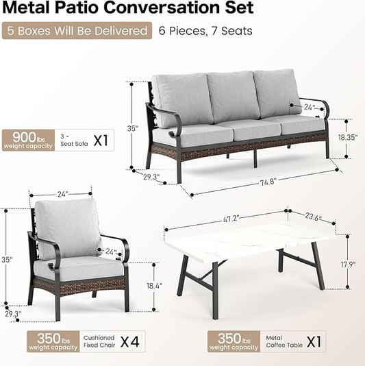 6 Piece Metal Outdoor Patio Furniture Sets, Patio Conversation Sets 1 3-Seater Sofa, 4 Single Sofa with 5.75" Thick Cushion & Coffee Table, Black Frame Backyard Furniture, Light Gray