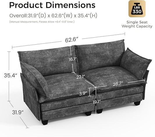 KKL Modular Sectional Sofa, Loveseat 2 Seater Cloud Couch, Chenille Modern Sectional Couches for Living Room, Apartment Grey
