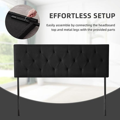Linen Fabric Upholstered Headboard Queen Size, Modern Diamond Tufting Solid Wood Queen Headboard Only, Adjustable Height from 37” to 51” Head Board, Bed Frame or Wall Mount Headboards, Black