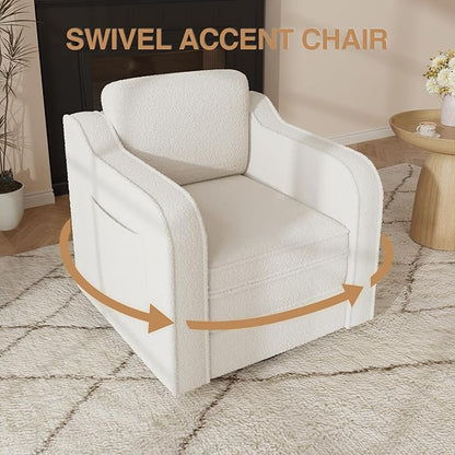 Swivel Accent Chair for Living Room, 30 Inches Barrel Upholstered Armchair, Cozy Modern Arm Chair Single Sofa for Bedroom, Apartment, Reading Room, White