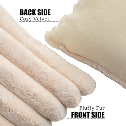 Neelvin Beige Faux Fur Cozy Soft Striped Decorative Throw Pillow Covers 18x18 inch Set of 2,Velvet Pillowcase Cushion Case for Sofa Couch