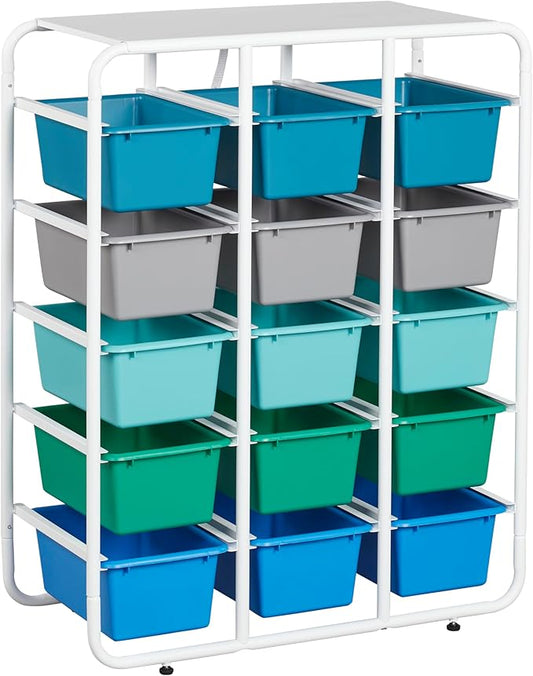 ECR4Kids 5-Tier Storage Rack with 15 Cubby Bins 5x3, Multipurpose Organization, Contemporary