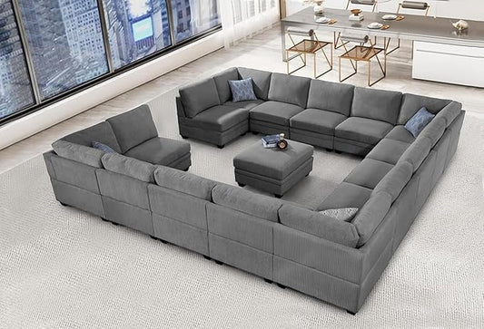 Wanderwell Oversized Modular Sectional Sofa, 16-Seater U Shaped Couches with Movable Ottoman,Corduroy Sectional Couch with Wide and Deep Seats Suitable for Living Room,Bedroom,Apartment (Grey, U-16)
