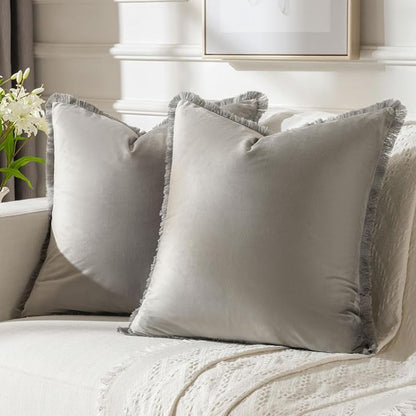 FUTEI Grey Velvet Decorative Throw Pillow Covers 18x18 Set of 2,Soft Cozy Edge with Tassels Cushion Case,Boho Modern Home Decor for Couch Bed Living Room