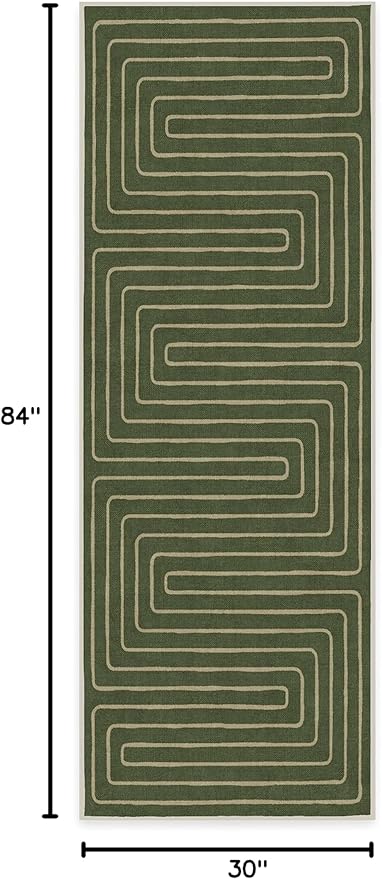RUGGABLE x Jonathan Adler Machine Washable Modern Runner Rug – Labyrinth Fern Green 2.5x7, Stain-Resistant, Non-Slip – Washable Rug for Hallway, Entryway, Living Room & Kitchen–with Standard Pad