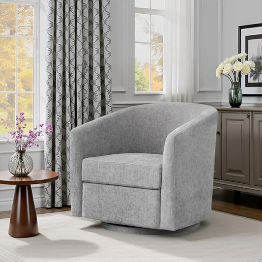 Chenille Swivel Accent Chair, Living Room Chairs, No Assembly Upholstered Armchair, 360°Rotating Barrel Chair for Bedroom, Apartment & Reading Nook (1, Light Grey)