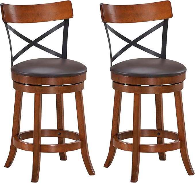 ERGOMASTER Swivel Counter Height Barstool 24 Inch Seat Height Bar Chair Cappuccino X Open Back （ 24 Inches, Set of 2）