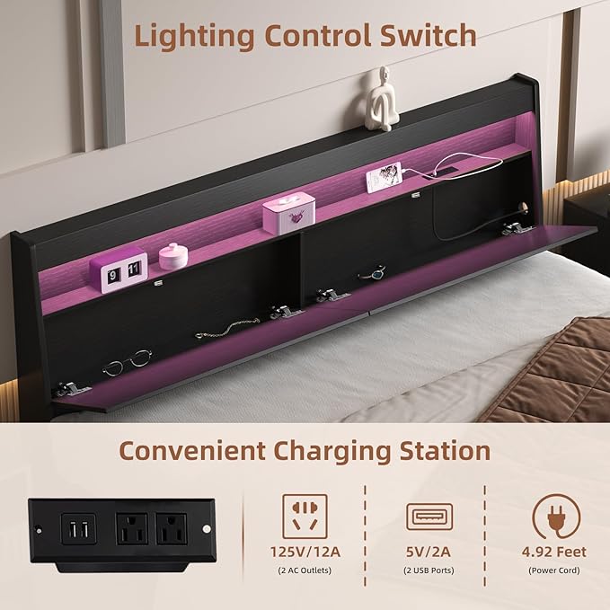 Modern Wooden Headboard Only with Storage,Wall Mount Bed Backboard with LED Light Power Outlets 2 USB Ports for Bedroom (Black, King)