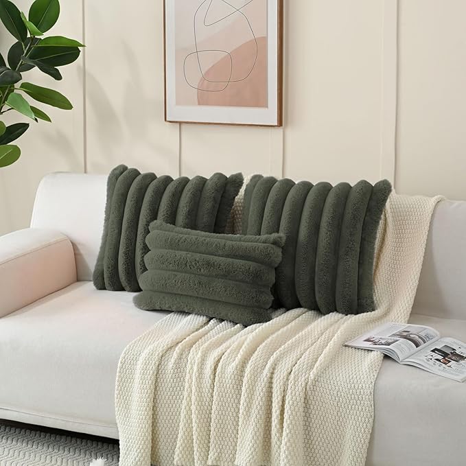 FUTEI Olive Green Decorative Throw Pillow Covers 18x18 Inch Set of 2, Square Soft Faux Rabbit Fur Big Striped Cushion Cover,Home Decor for Couch Sofa Bed Living Room
