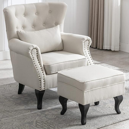 Accent Reading Arm Chairs with Ottoman for Living Room Bedroom, Midcentury Modern Comfy Corner Sofa Chair, Wingback Waiting Room Club Chair with Button Tufted Back &Lumbar Pillow, Linen Beige