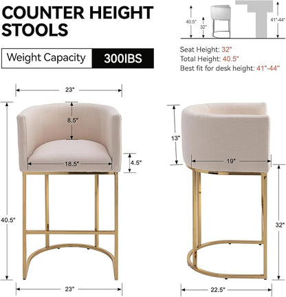 Contemporary Cream Linen Bar Stool, 32" Upholstered Fabric Counter Height Barstool Kitchen Counter Island Stool with Golden Metal Base