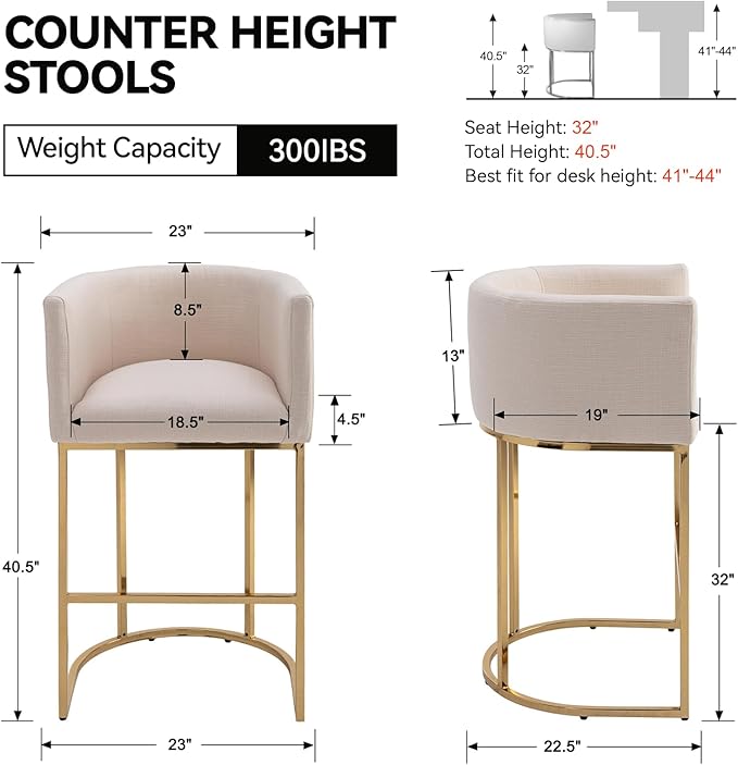 Contemporary Cream Linen Bar Stools Set of 2, 32" Upholstered Fabric Counter Height Barstool Kitchen Counter Island Stools with Golden Metal Base