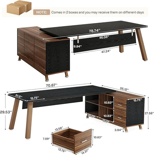 Tribesigns 78.7" L-Shaped Executive Desk, Modern Office Desk with File Drawers & Storage Shelves, Large Computer Desk with 55-Inch Cabinet, Business Workstation for Home Office, Black & Walnut