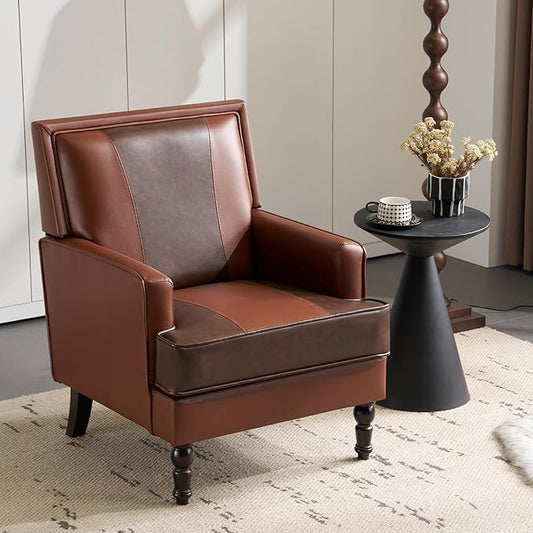 MOJAY Mid-Century Modern Accent Chairs, PU Leather Upholstered Lounge Armchair, Comfy Club Chair for Living Room, Bedroom, Home Office & Study (Brown)