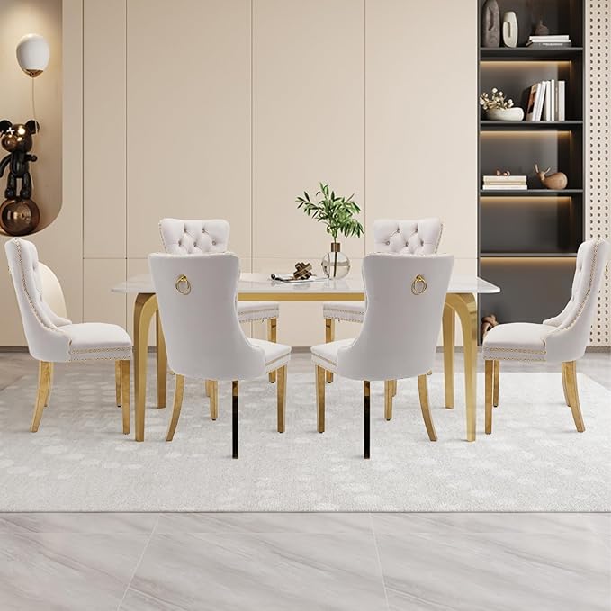 Velvet Upholstered Dining Chairs Set of 8, Modern Style Kitchen Side Chairs with Nailhead Trim and Gold Plated Leg, Metal Pulling Ring for Dining Room Living Room(Beige)