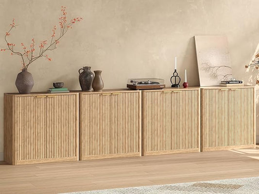 Evermagin 126" Oak Buffet Cabinet with Storage, Large Sideboard Cabinet, Boho Accent Credenza, Fluted Console Table with Doors for Dining Room, Kitchen, and Living Room