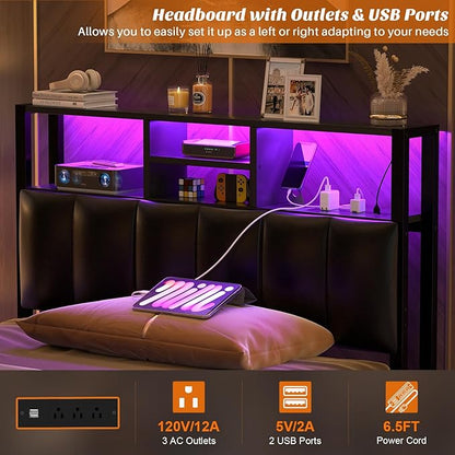 Aheaplus Headboard for Twin Size Bed with Storage, Upholstered Headboards with Outlets, USB Ports and LED Light, Reversible Twin Size Head Board, Height Adjustable, Comfortable Headboard, Black