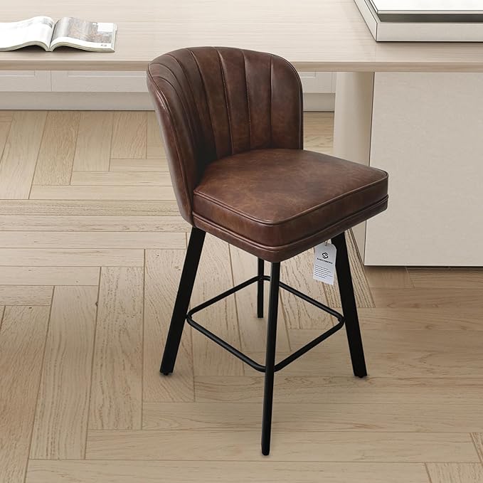 Swivel Counter Height Bar Stools Set of 2, 26'' Modern Barstools with Backs and Metal Legs, Upholstered Bar Chairs, Faux Leather Brown Stools for Kitchen Island Chairs