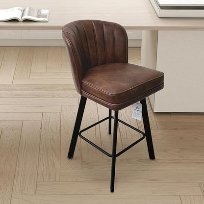 Swivel Counter Height Bar Stools Set of 2, 26'' Modern Barstools with Backs and Metal Legs, Upholstered Bar Chairs, Faux Leather Brown Stools for Kitchen Island Chairs