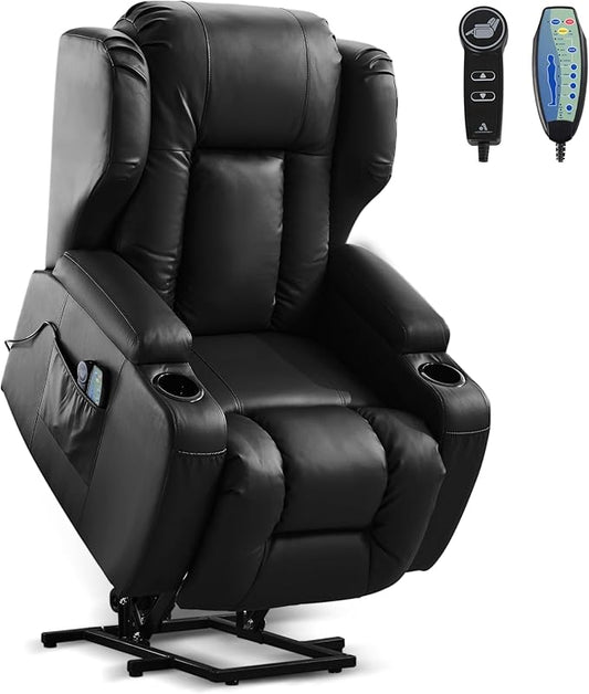 Power Lift Recliner Chair for Elderly, Electric PU Leather Reclining Single Sofa with Massage & Heat, Side Pocket, Cup Holders and USB/Type-C Charge Port for Living Room (Black)