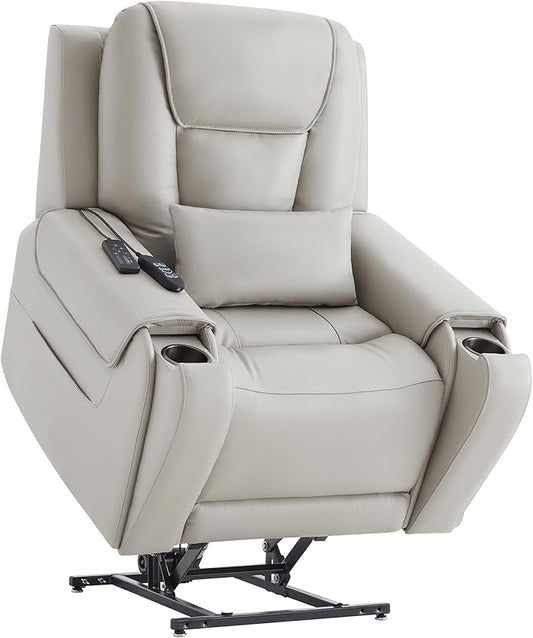 CHITA Electric Power Lift Recliner Chair for Elderly with Massage and Heat, Large Lay Flat Genuine Leather Recliner Chair with Cup Holders, USB Ports, Power Headrest, Independent Backrest, Light Gray