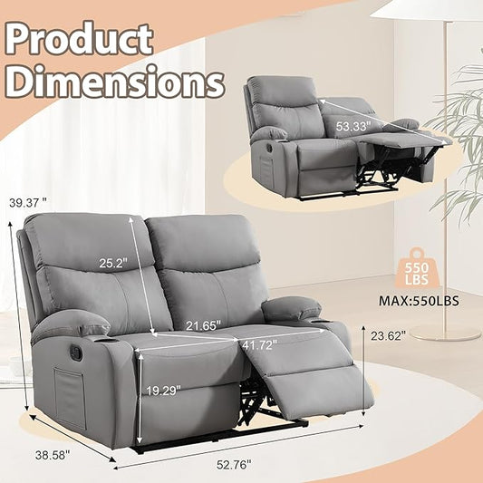 Manual Reclining Loveseat Anti-Scratch Loveseat Recliner Sofa with Side Pocket and Cupholders Wall Hugger 2 Seat Reclining Sofa Chair for RV Living Room Meeting Room Bedroom Apartment
