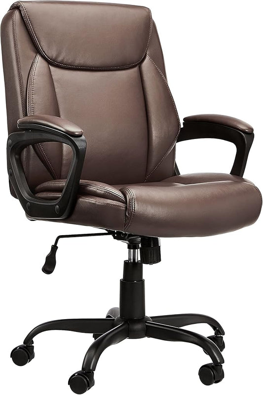 Amazon Basics Classic Puresoft PU Padded Mid-Back Height Adjustable Office Computer Desk Chair with Armrest, 25.75"D x 24.25"W x 42.25"H, Brown