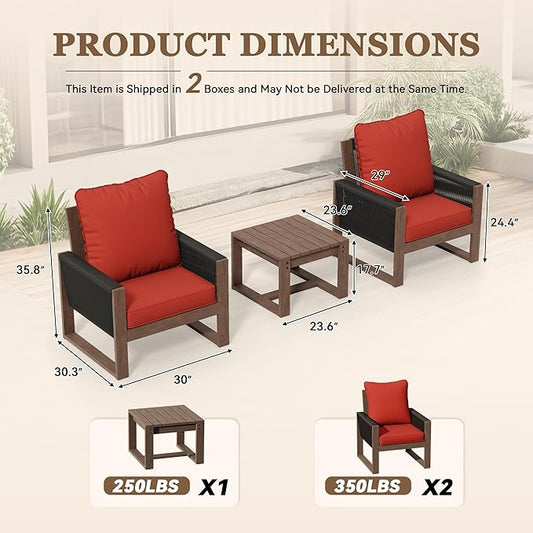 Patio Chairs 3 Piece Wood Patio Furniture with Coffee Table & Cushions, PE Wicker Outdoor Conversation Set Balcony Chairs for Garden, Porch, Deck, Backyard