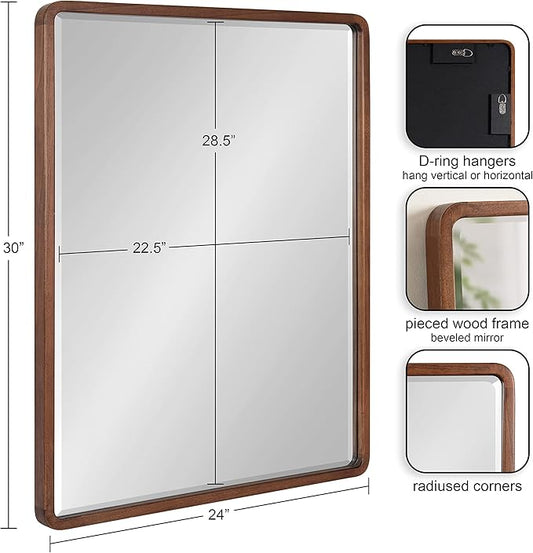 Kate and Laurel McLean Modern Wood Framed Rounded Rectangle Wall Mirror; 24 x 30; Walnut Brown; Decorative Round Rectangular Mirror for Contemporary Wall Decor