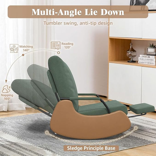 Upholstered Recliner Rocking Chair Nursery with Adjustable Backrest and Footrest, Comfy Corduroy Foldable Glider Chair for Bedroom & Living Room, Dark Green