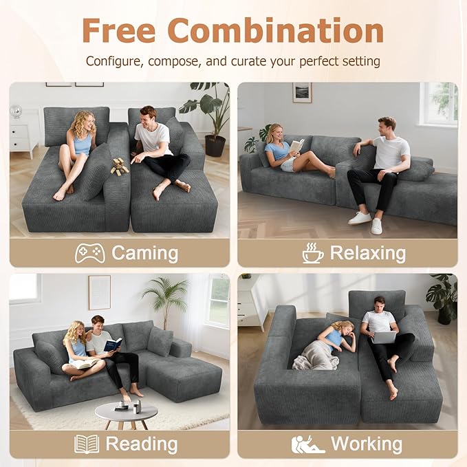 108” Cloud Sectional Couch, Modular Sectional Sofa with Deep Seat, Corduroy Boneless Couches with Chaise for Living Room Bedroom, No Assembly Required