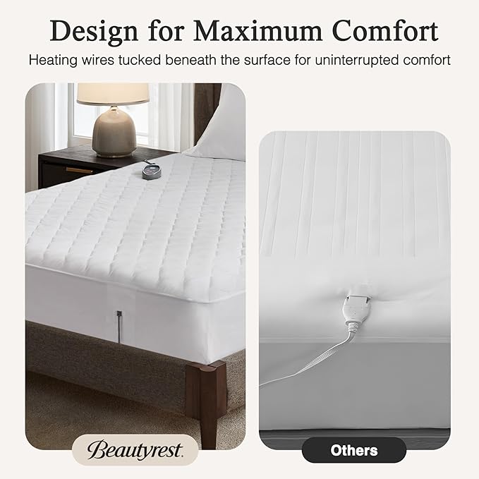 Beautyrest Cotton Heated Mattress Pad - Bed Warmer with 20 Heat Settings Controller, Auto Shut Off Timer, All Around Elastic Deep Pocket, UL Certified, Machine Washable, White Twin XL