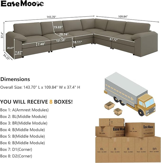 EASE MOOSE Leather Sectional Couch, Oversized Modular Sectional Sofas, Wide Deep Seat Modular Couch, Scratch Resistant Faux Leather Material, L Shaped Sofa for Big Spaces, Light Grey