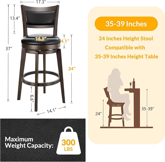 PrimeZone Swivel Bar Stools Set of 8, 24 Inch Counter Height Barstools, Black Faux Leather Bar Stool with High Backrest & Solid Wood Legs & Wrap-around Footrest, Counter Stools for Kitchen Island, Pub