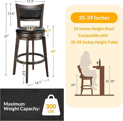 PrimeZone Swivel Bar Stools Set of 4, 24 Inch Counter Height Barstools, Black Faux Leather Bar Stool with High Backrest & Solid Wood Leg & Wrap-Around Footrest, Counter Stools for Kitchen Island, Pub