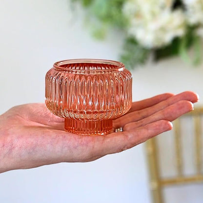 Kate Aspen Rose Gold Taper Candle Holders for Candlesticks Set of 4, Ribbed Glass Candlestick Holders, Votive Candle Holder Decor Accents, Pink Room Styling, Wedding & Home Centerpieces, Table Decor