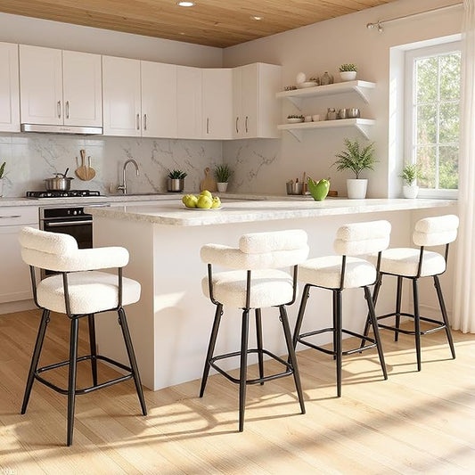 COSTWAY Counter Height Bar Stools Set of 4, 27" Swivel Modern Upholstered Counter Chairs with Boucle Fabric, Curved Backrests & Metal Legs, for Kitchen Island, Home, Pub (4, White + Black)
