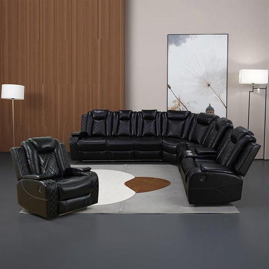 Power Recliner Sectional Couch with LED, Leather Reclining Sofa for Living Room, Muti-Functional Recliner Corner Sectional with Storage Console/Cup Holders/USB Ports (Black, SECTIONAL & CHAIR)