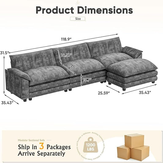 Furniwell Modular Sectional Sofa with Moveable Ottoman, Oversized 3-Seater Couch with Supportive Backrest, Chenille Convertible Sofa Couches for Living Room/Apartment (Grey, L Shaped)
