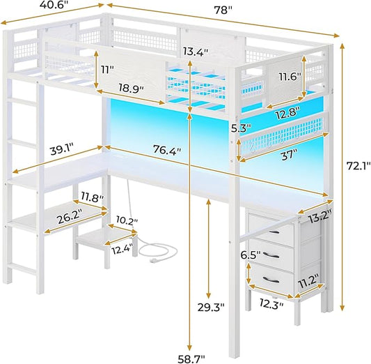 ADORNEVE Loft Bed Twin Size with L-Shaped Desk, LED Lights,Charging Station, Twin Metal Loft Bed Frame with Fabric Drawers & Shelve, 13.4" H Safety Guardrail, No Box Spring Needed, White