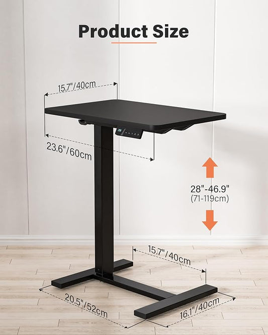 FiCiHi Small Electric Standing Desk - Adjustable Height Bedside Laptop Table with Wheels, Mobile, Rolling Computer Sit Stand Desks, Movable, Home Office, Sofa, Couch Use (24x16,Black)
