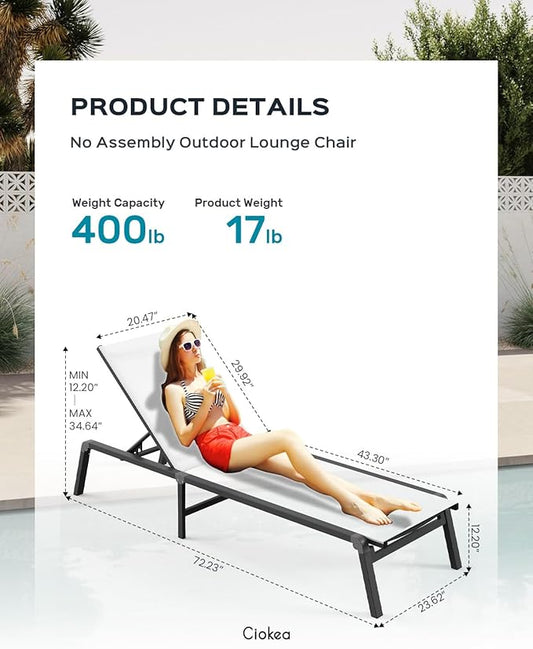 Patio Chaise Lounge Chair, Foldable Lounge Chair for Outside, Aluminum Chairs Set of 2 with 5 Adjustable Backrest, Outdoor Pool Lounger for Poolside, Lawn, Deck, White