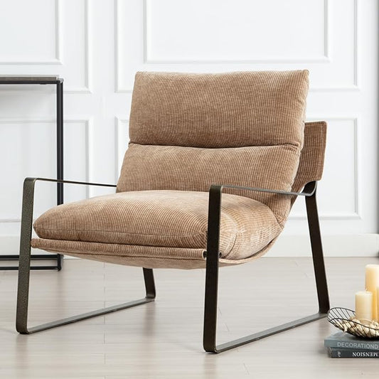 Mid-Century Accent Chair, Comfy Chenille Fabric Side Chair with Armrest, Upholstered Leisure Chair with Bronze Metal Frame for Living Room Reception Room, 1PC, Khaki