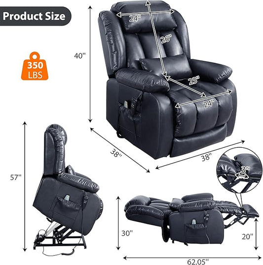 EDILLY Large Reclining Lift Chair, Dual Motor Massage Chair, Genuine Leather Recliner with Heating and Massage for Seniors, with Double Lumbar Cushion and Extended Footrest, USB Port(Blue)