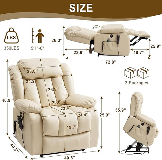 Dual Motor Large Power Lift Recliner Chair for Elderly with Heat and Massage,Lay Flat Lift Chairs Recliners for Seniors Infinite Position,USB Ports&Remote, Genuine Leather (Beige)